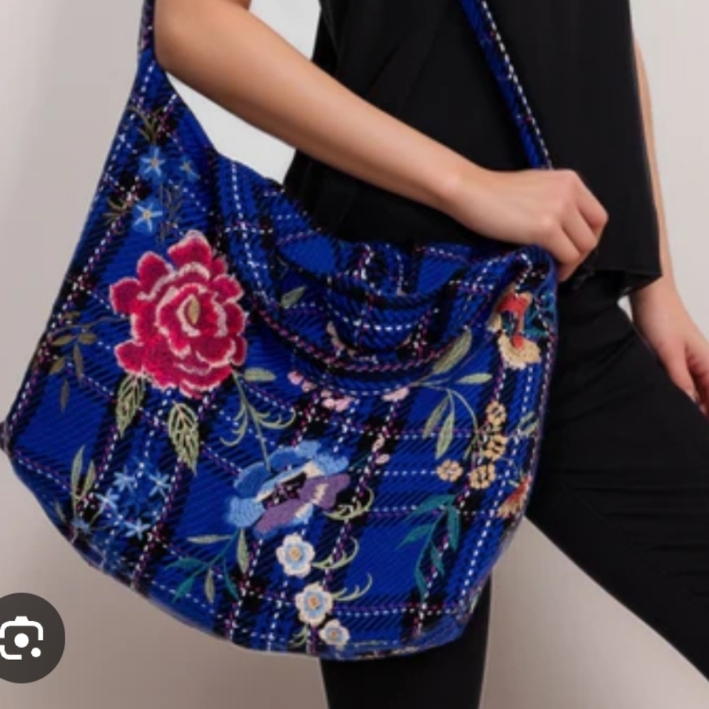 JOHNNY WAS Mila Oversized Floral Embroidered Hobo Plaid Blue Navy Red Tote NWT - Picture 2 of 12